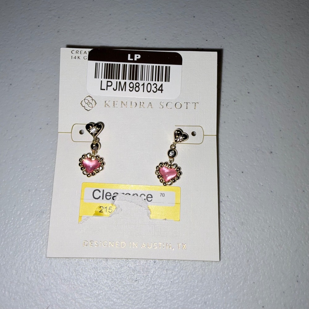 Kendra Scott Anna Heart Drop Earrings Gold Tone Pink Stone Crystals NEW